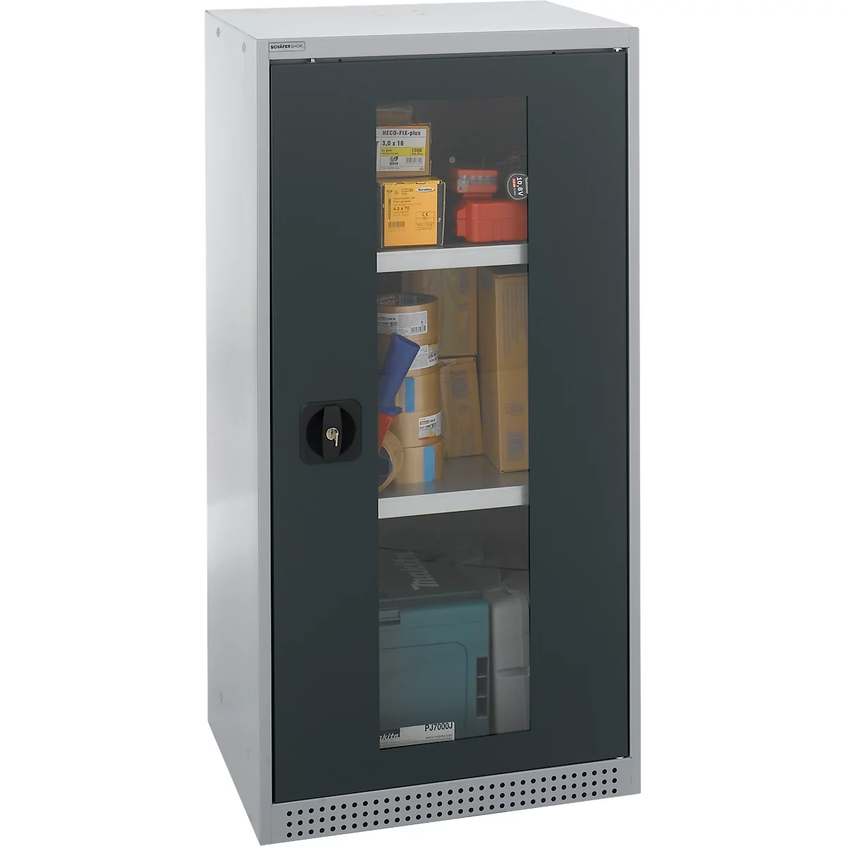 Gray steel cabinet with glass front, filled with paper, boxes, and folders.