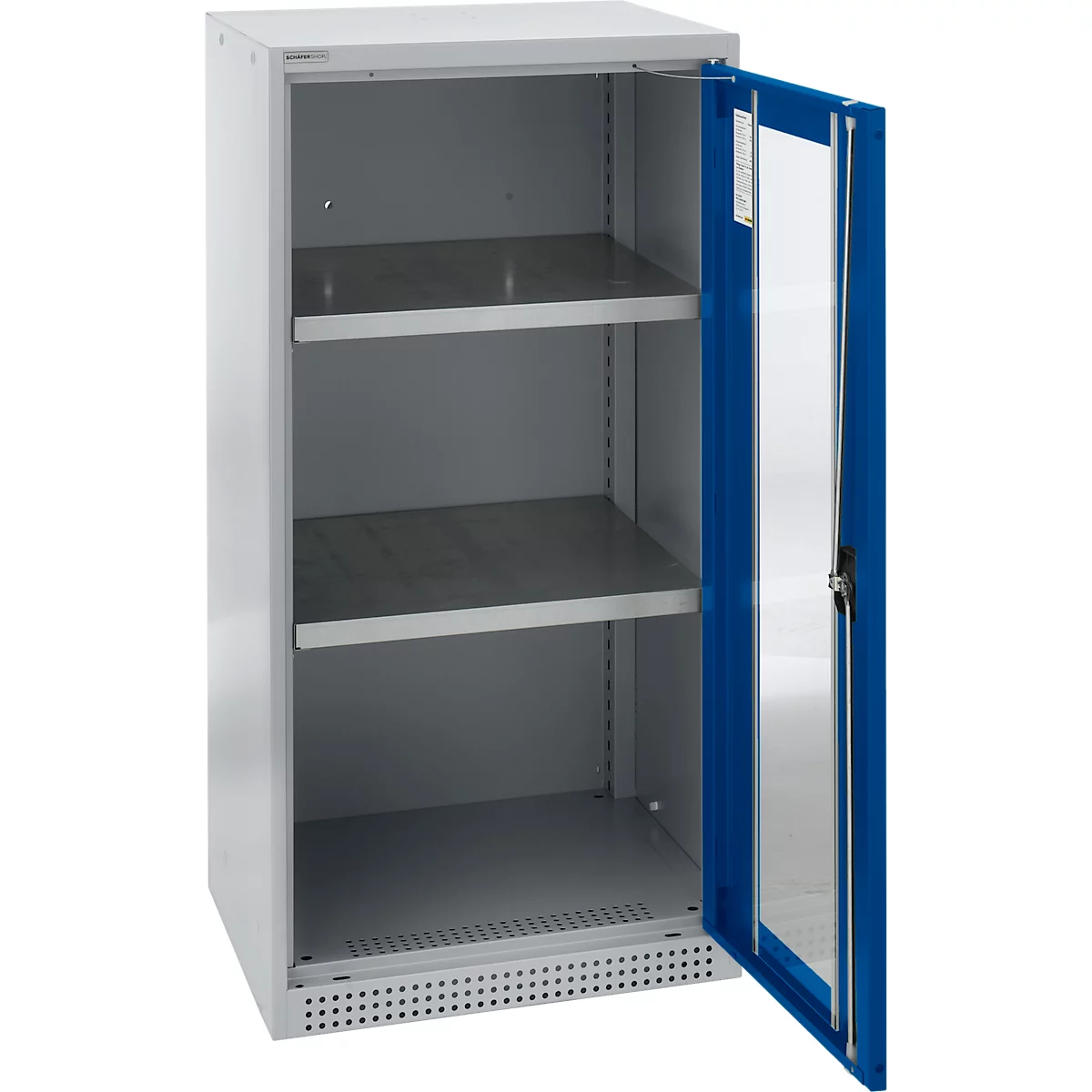Grey steel cabinet with open blue door. There are three shelves inside the cabinet. The door has a glass pane.