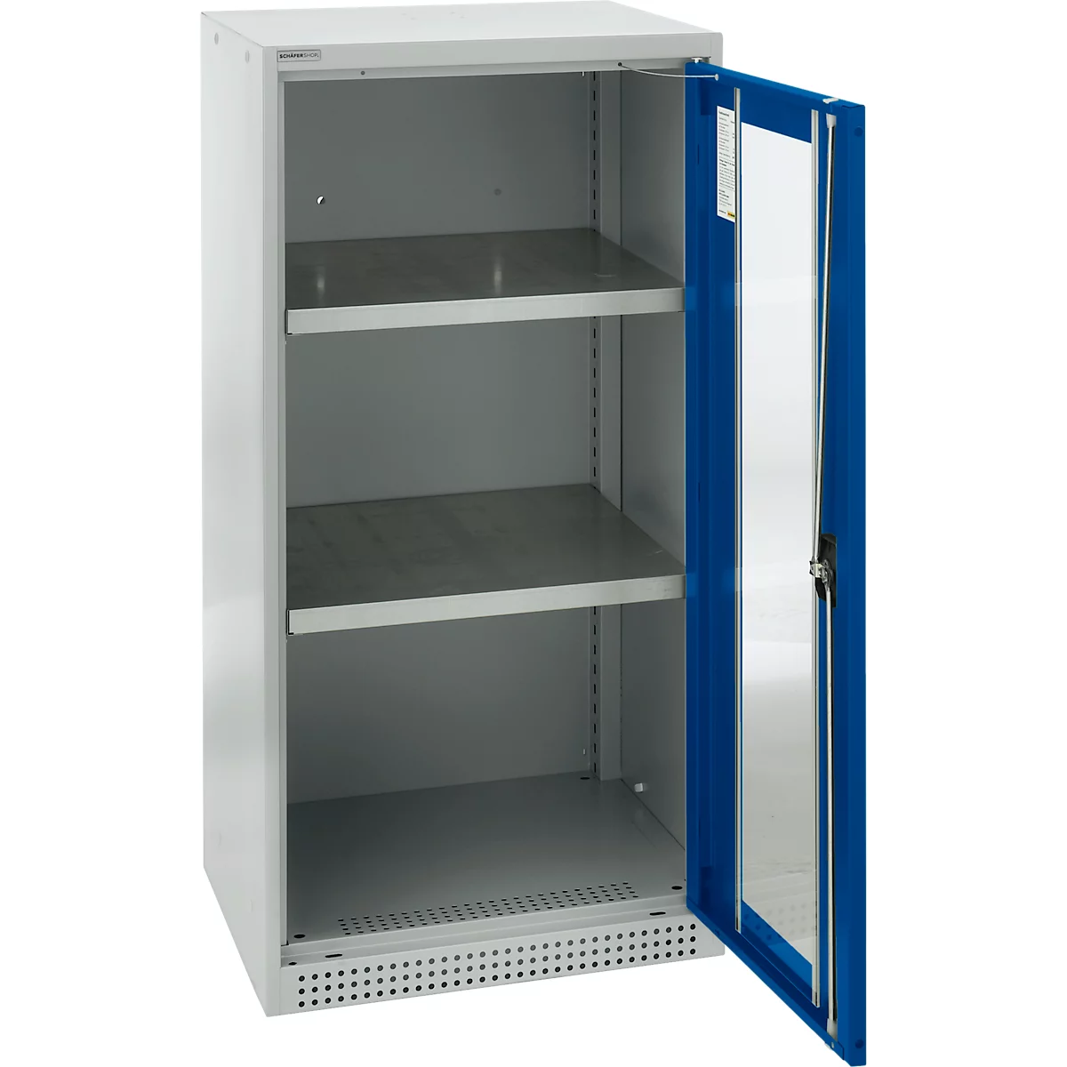 Grey steel cabinet with open door frame. Two shelves inside. Lower area with hole pattern.