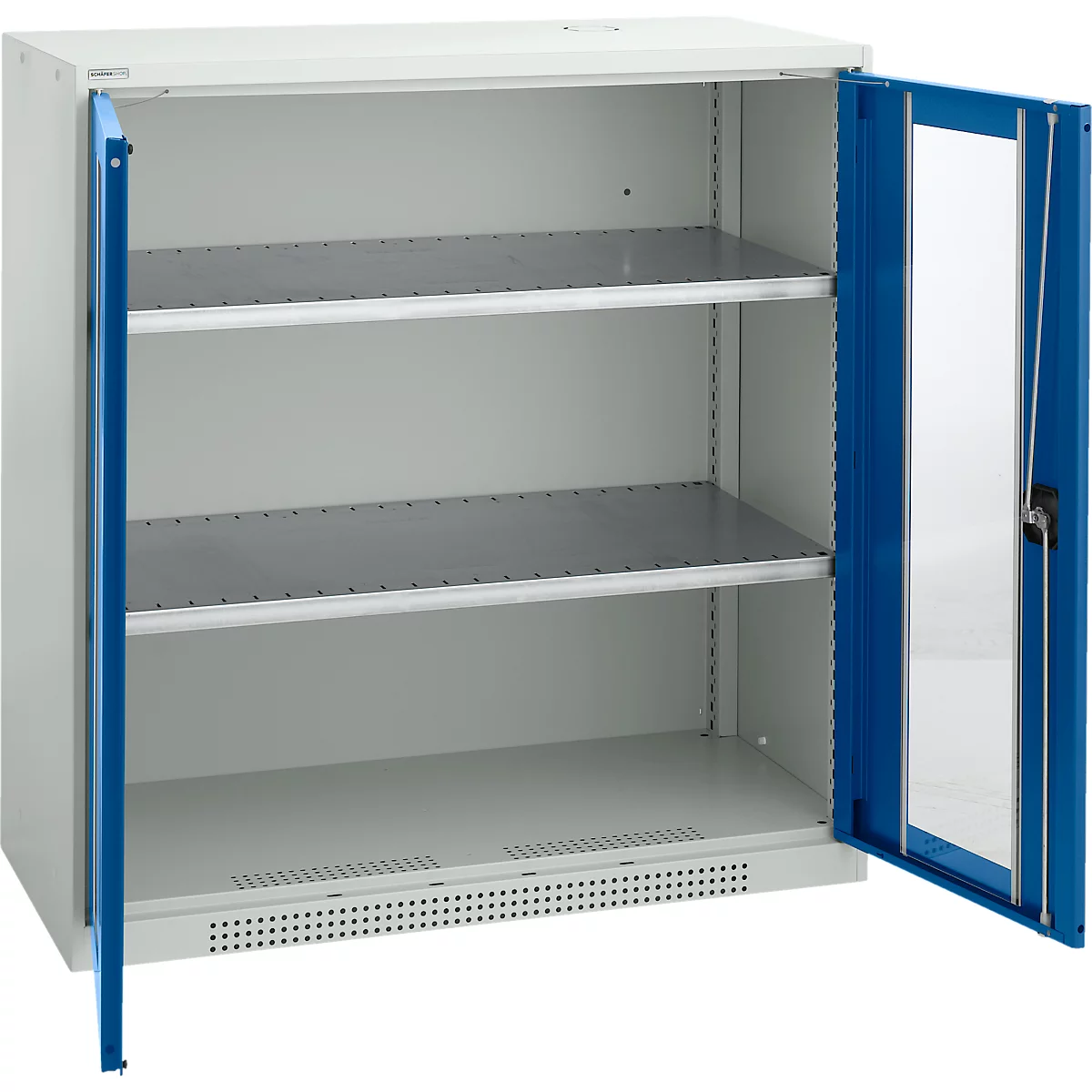 A white metal cabinet with blue doors, open. Inside are three gray shelves.