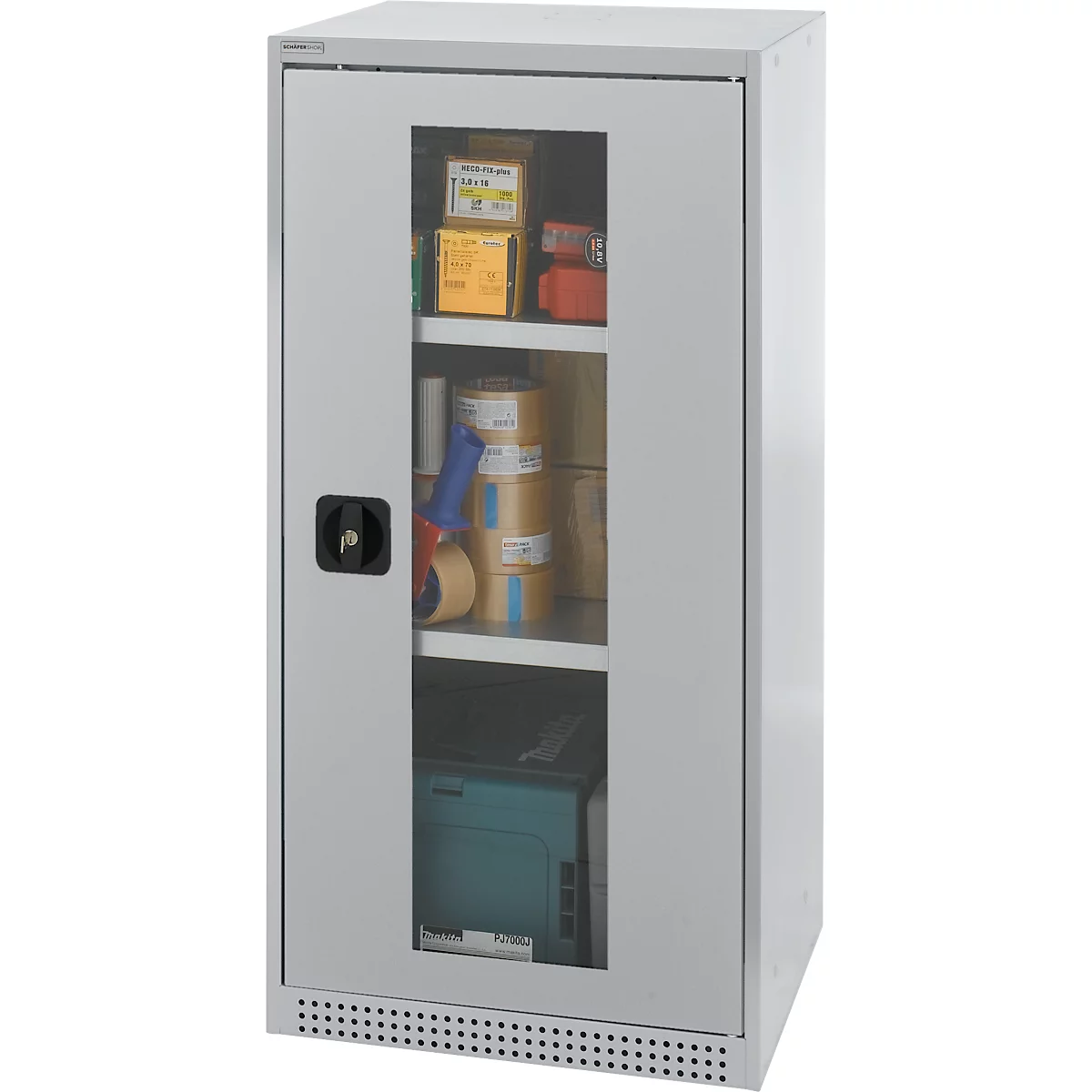 Gray cabinet with glass front, filled with various items. Black handle. Ventilation slots below.