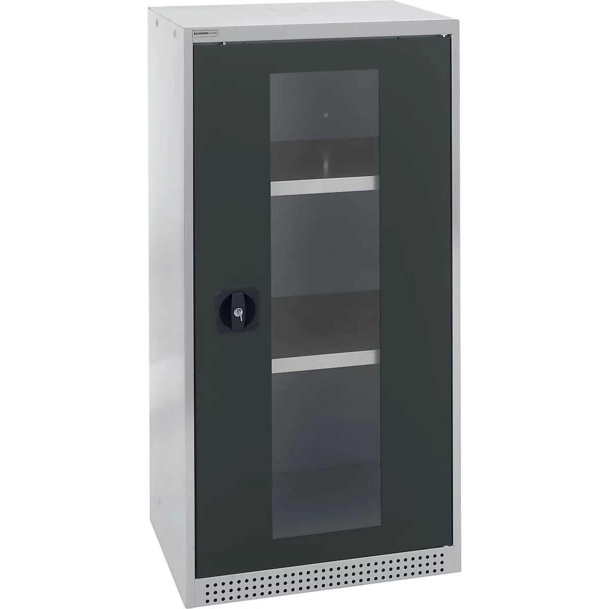 A metal cabinet with glass door, several shelves inside. A black handle on the door.