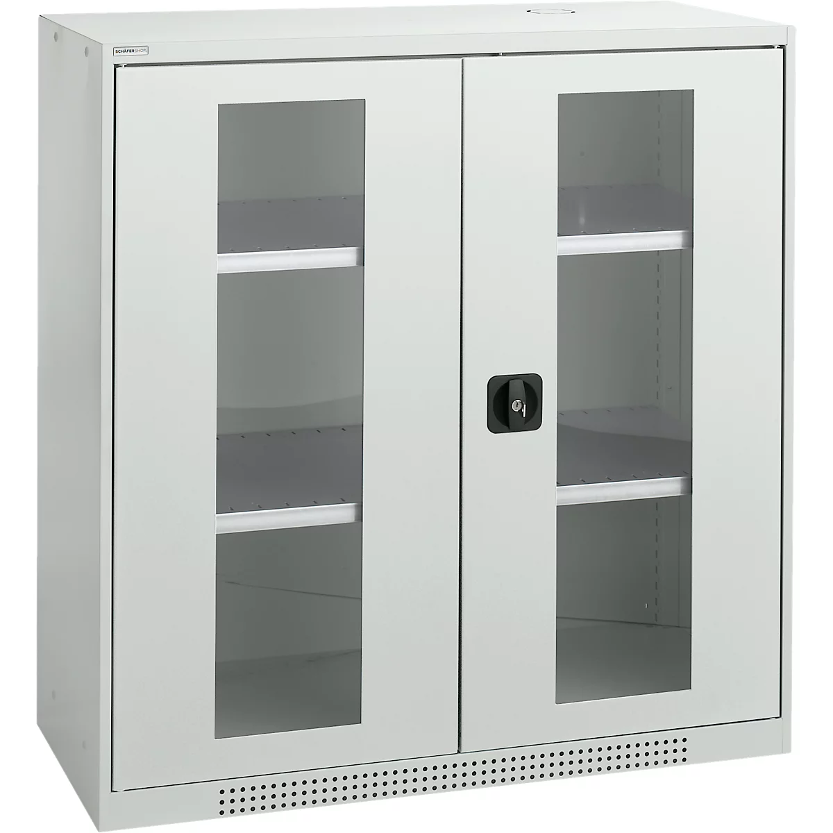 Cabinet with glass front and two shelves. The cabinet has a twist lock and ventilation holes.