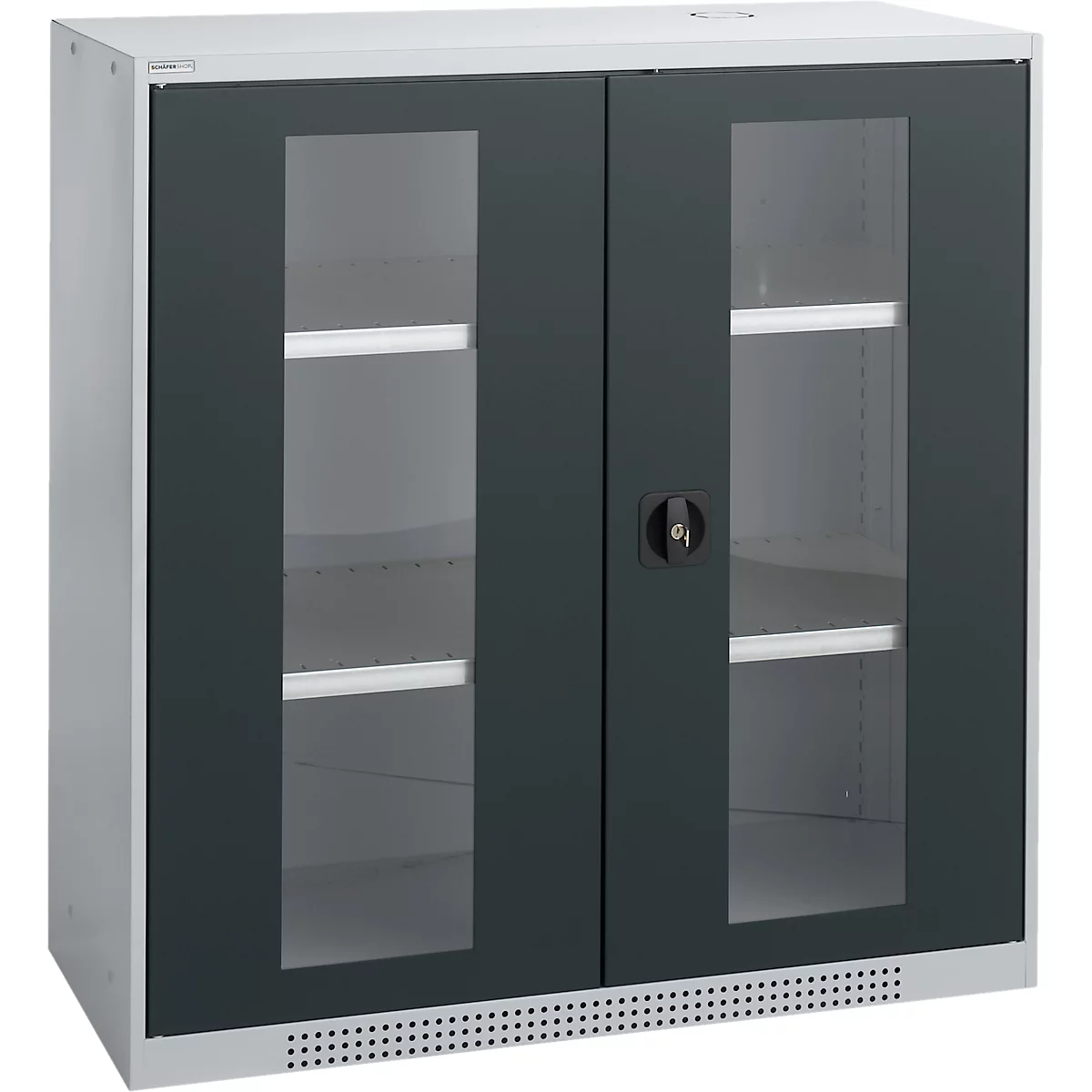 A white cabinet with two doors, each with dark grey frames and glass windows. A door lock is in the center.