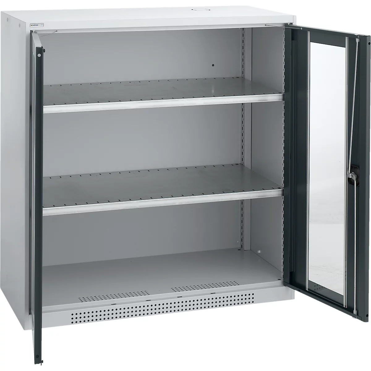 Cabinet with open door, shelves behind. Gray color, metal look.