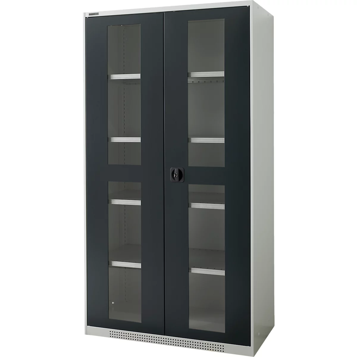 Metal cabinet with glass front, gray doors with a handle. Inside there are shelves.