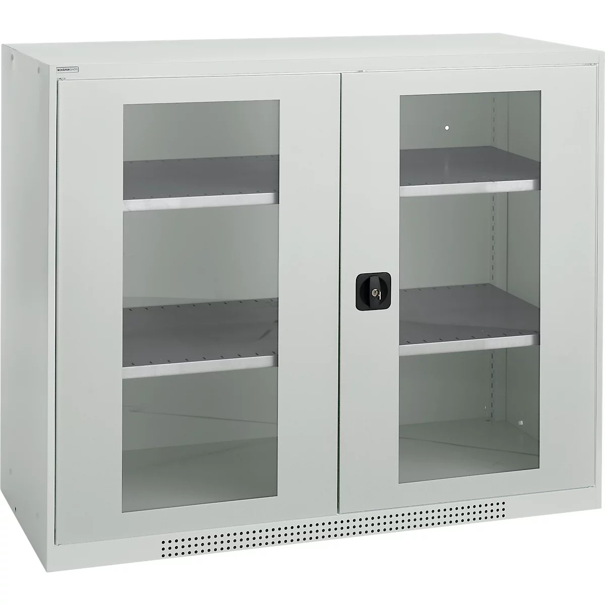 Grey cabinet with glass doors and two shelves. Black handle and ventilation slots at the bottom.