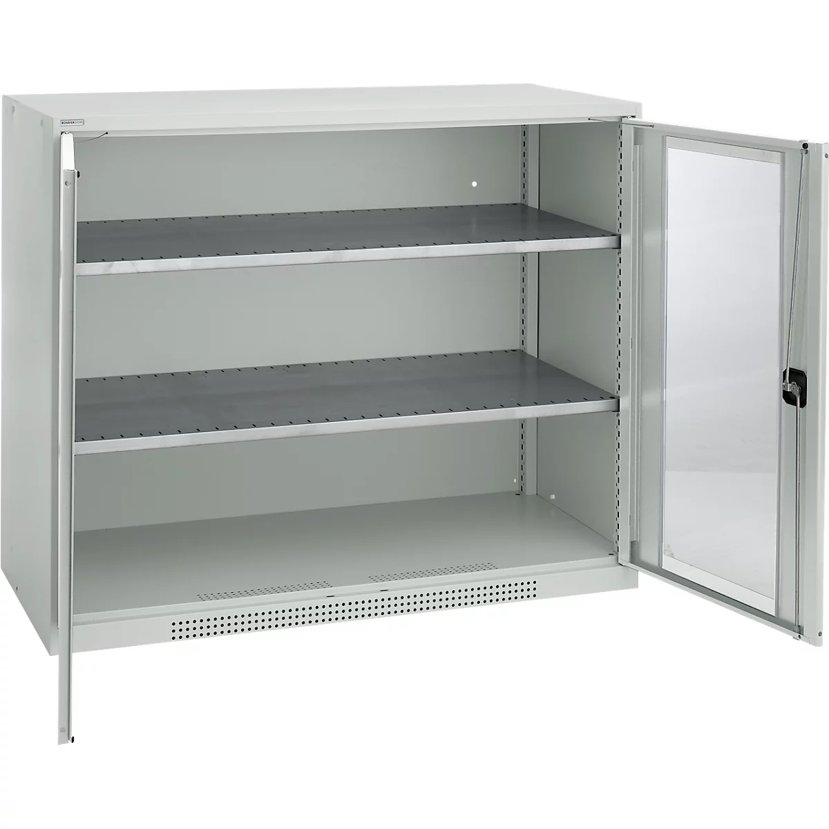 Grey steel cabinet with open door. Three shelves inside, a transparent door behind.