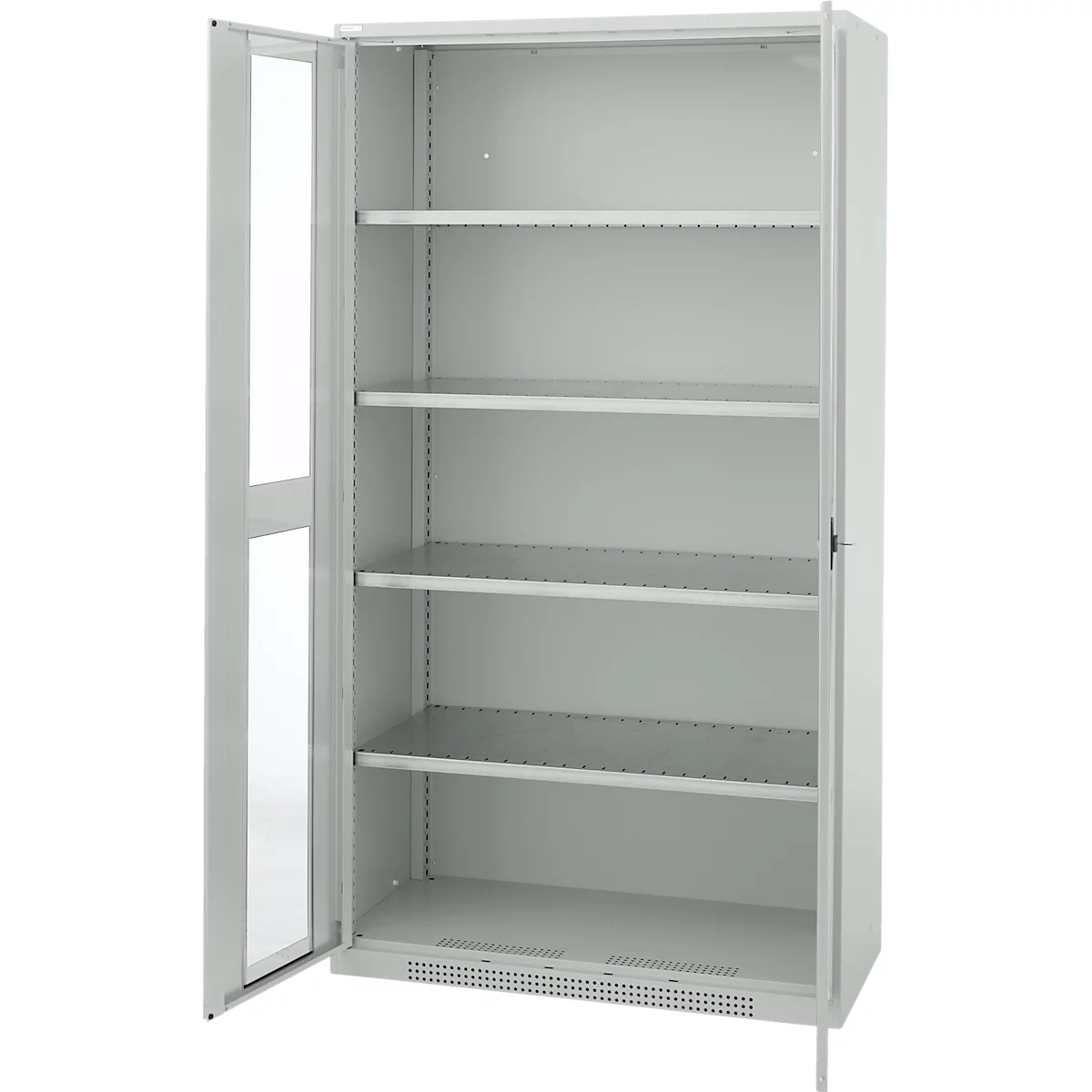 Grey, open cabinet with four shelves. The left door is half glazed.