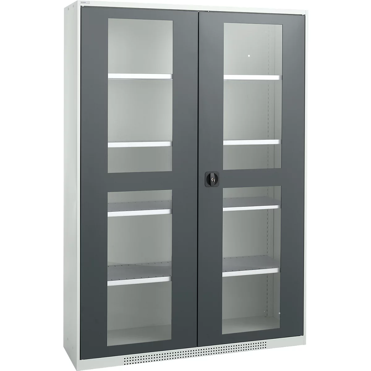 Gray filing cabinet with glass doors and multiple shelves.