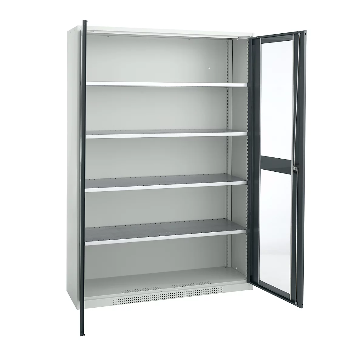 A gray cabinet with the doors open. Several shelves are visible inside.
