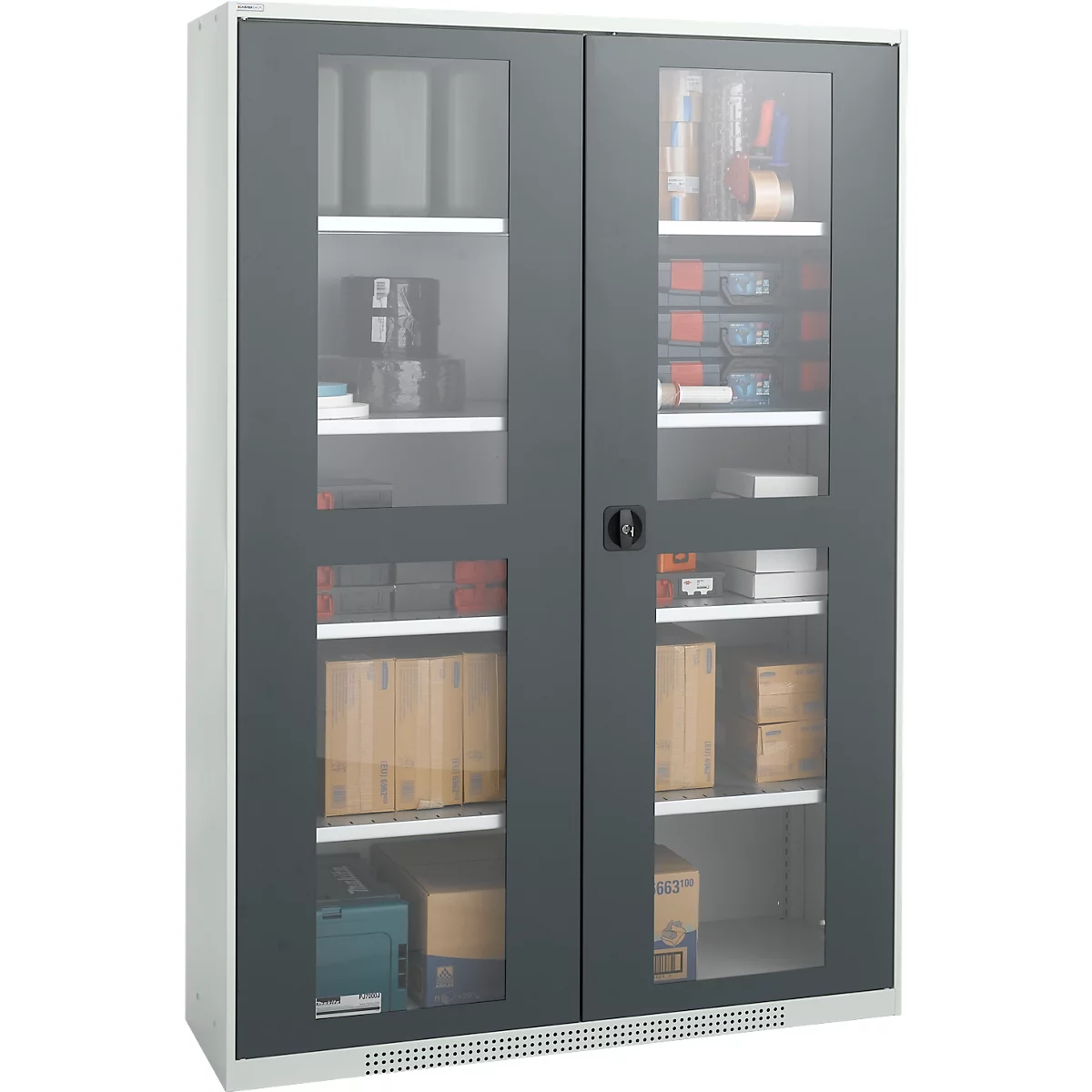 Gray cabinet with glass doors. Inside, shelves are filled with various objects including boxes, tools, and rolls.