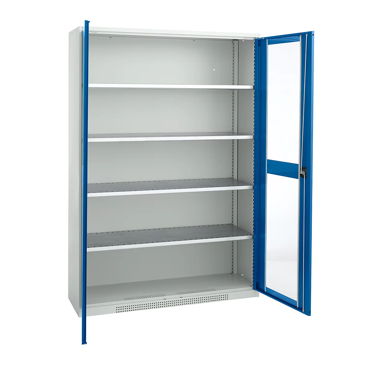 Cabinet with blue frame, opened, offering a view of the shelves.