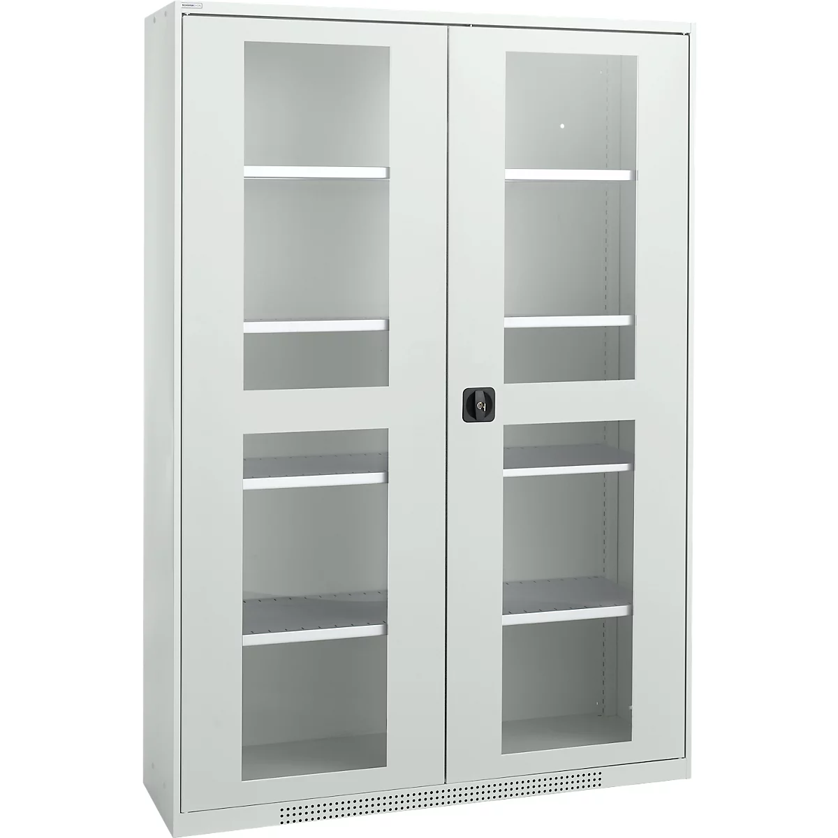 A white cabinet with glass doors, multiple shelves, and a black lock. The background is light gray.