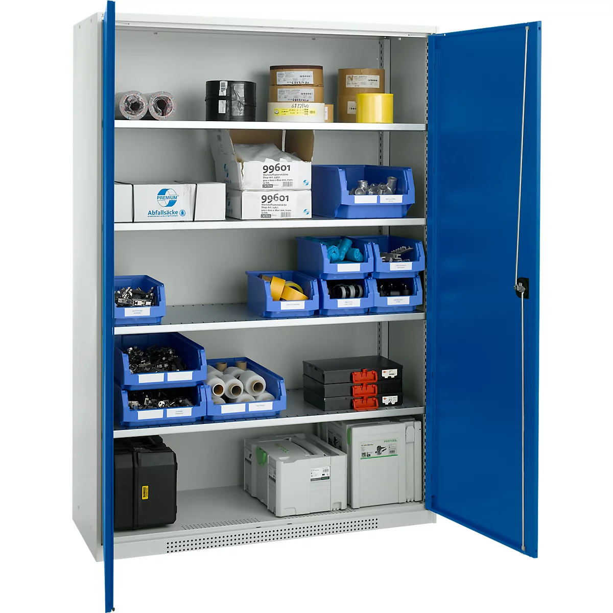 Schäfer Shop Genius FS vleugeldeurkast, staal, met ventilatiegaten, B 1343 x D 520 x H 1950 mm, 5 OH, lichtgrijs/ gentiaanblauw, tot 750 kg