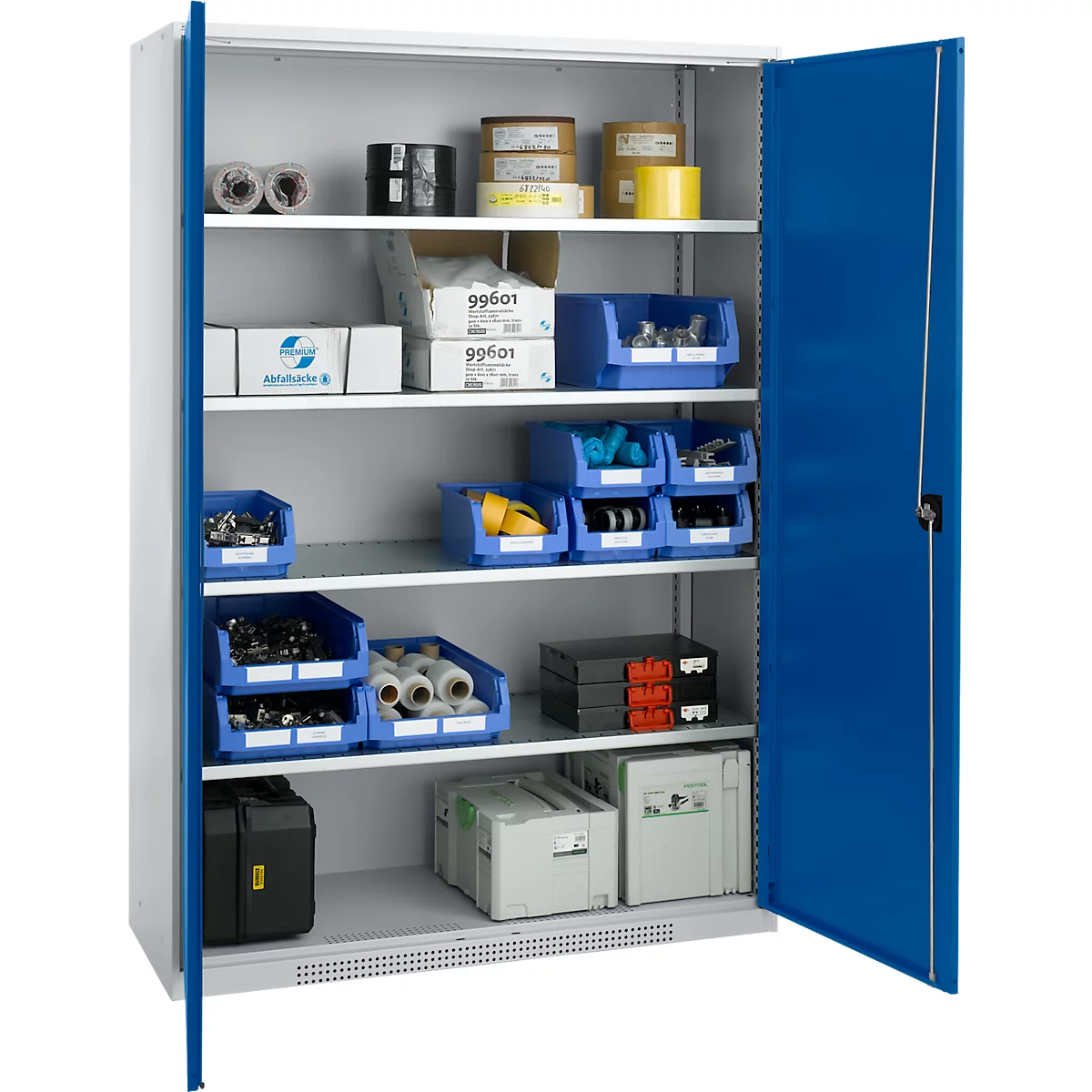Schäfer Shop Genius FS vleugeldeurkast, staal, met ventilatiegaten, B 1343 x D 520 x H 1950 mm, 5 OH, witaluminium/ gentiaanblauw, tot 750 kg