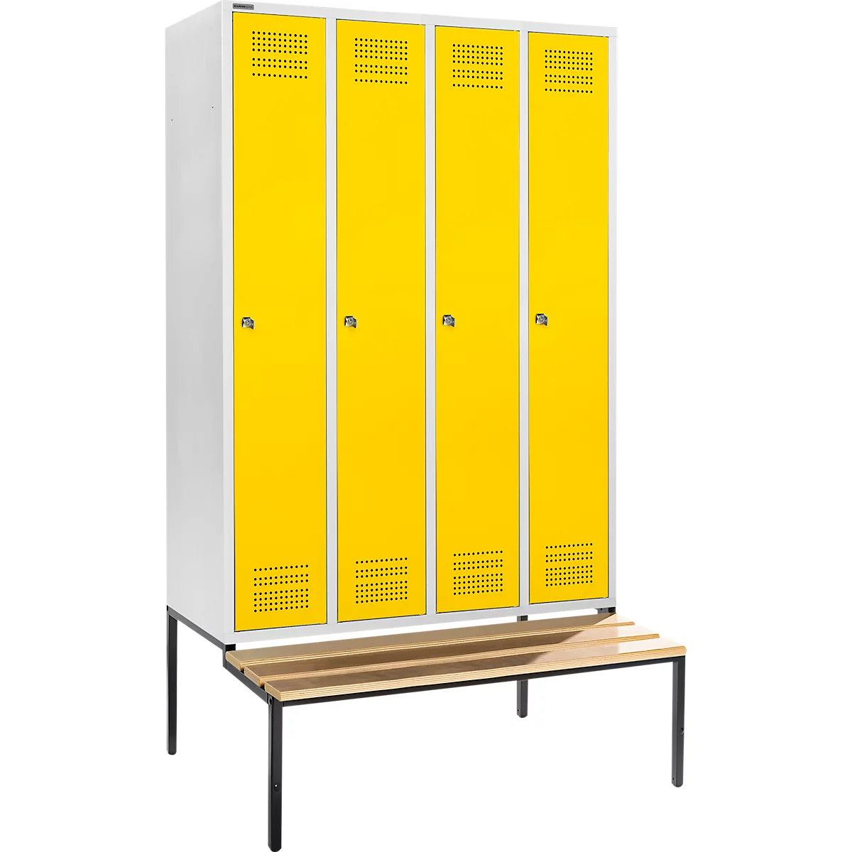 Schäfer Shop Genius Garderobekast met bank, 4 vakken, 300 mm vakbreedte, cilinderslot, lichtgrijs/geel, lichtgrijs/geel