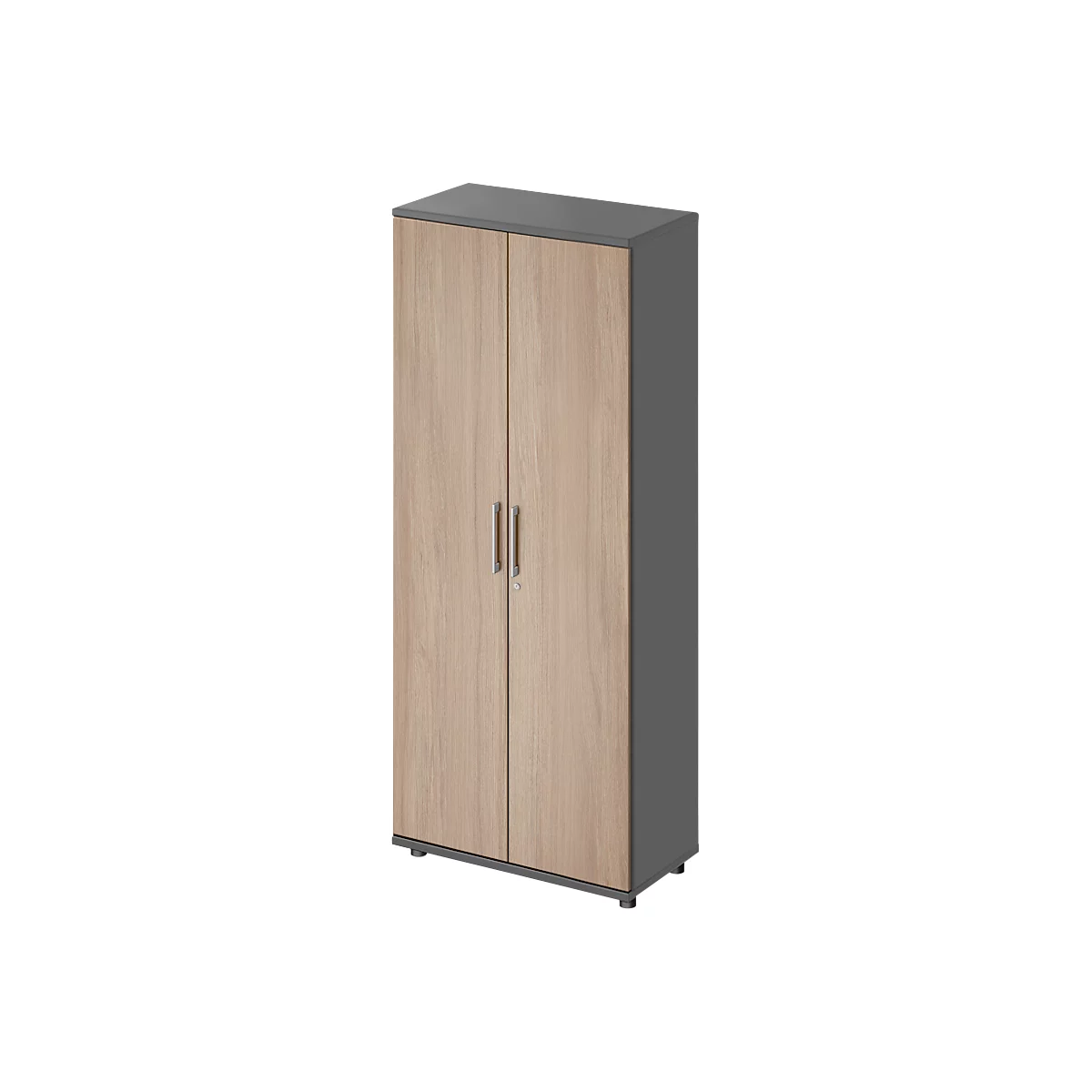 Een houten kast met twee deuren, een donkergrijze bovenkant en zijkanten, zilveren handgrepen en poten.