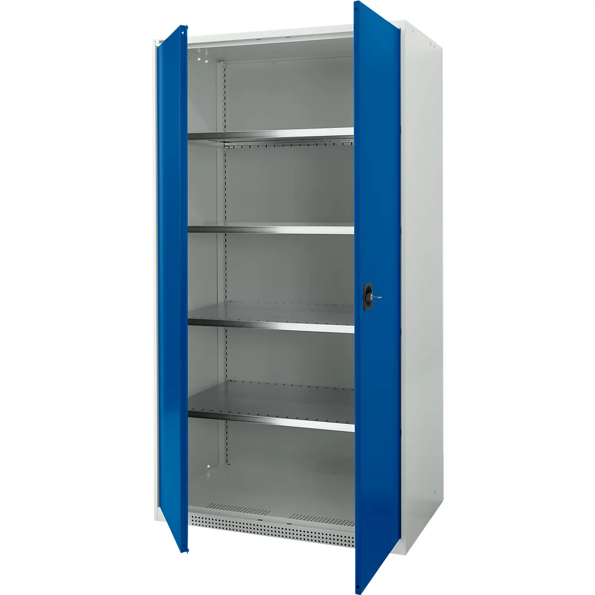 Open white cabinet with blue doors, three shelves, and a black handle.