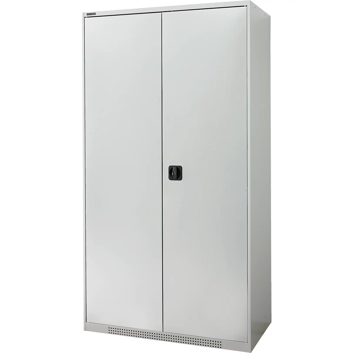 White steel cabinet with two doors and a black handle. Ventilation slots are located below the doors.