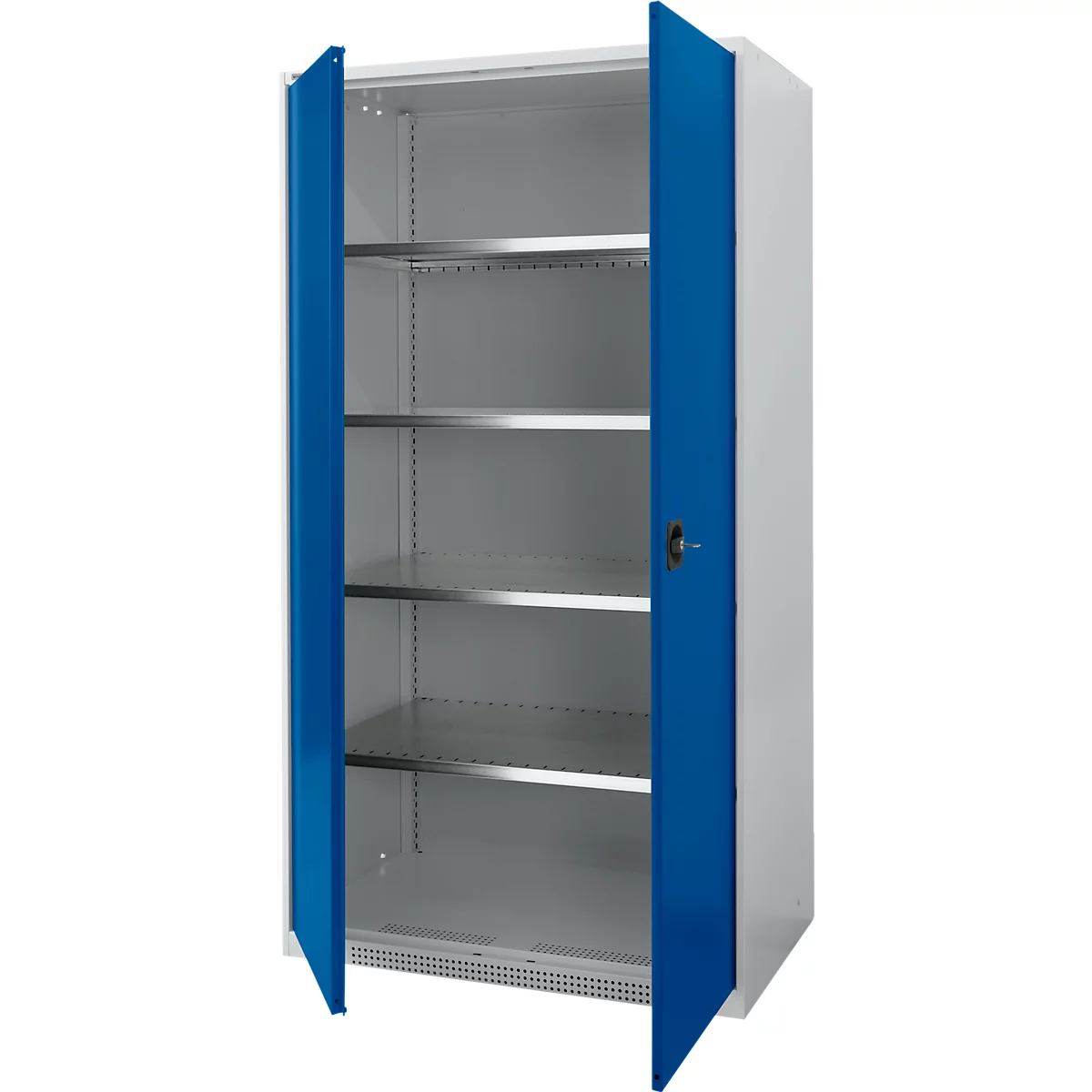 A white cabinet with blue doors open. Inside are several shelves.