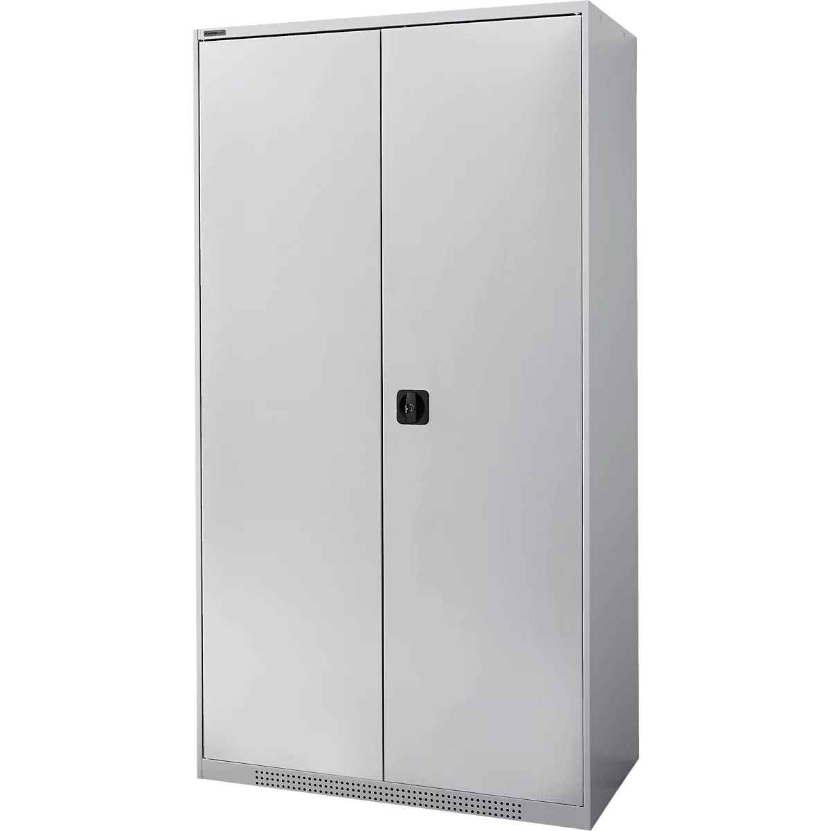 A gray metal cabinet with two doors and a black handle. There is a ventilation grid at the bottom.