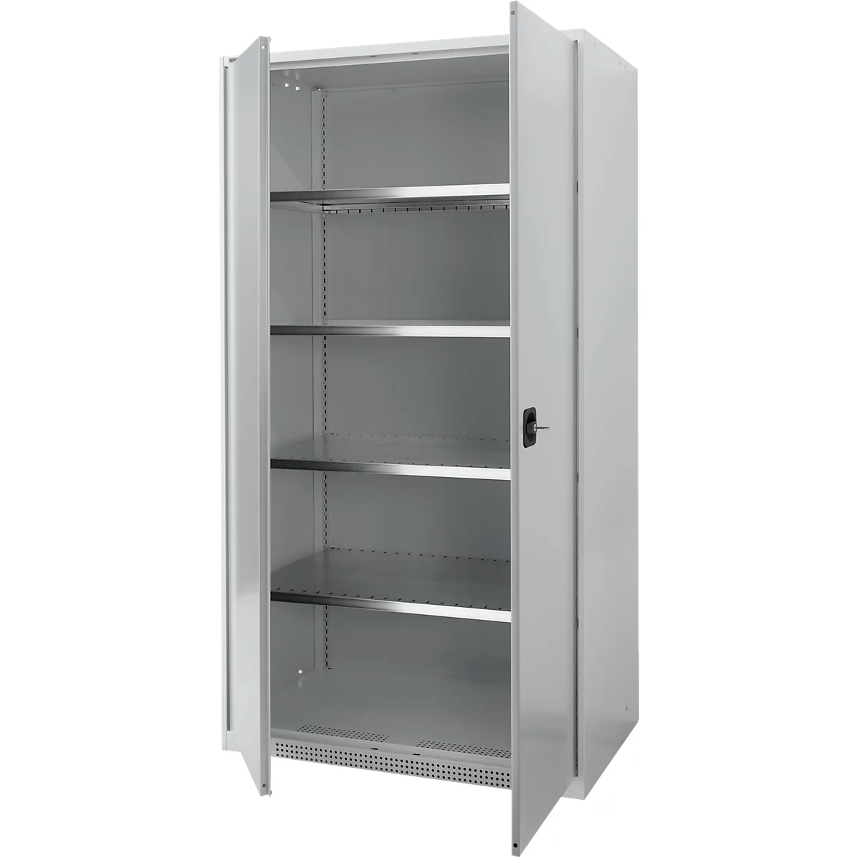 A white steel cabinet with open doors, behind it 4 shelves.