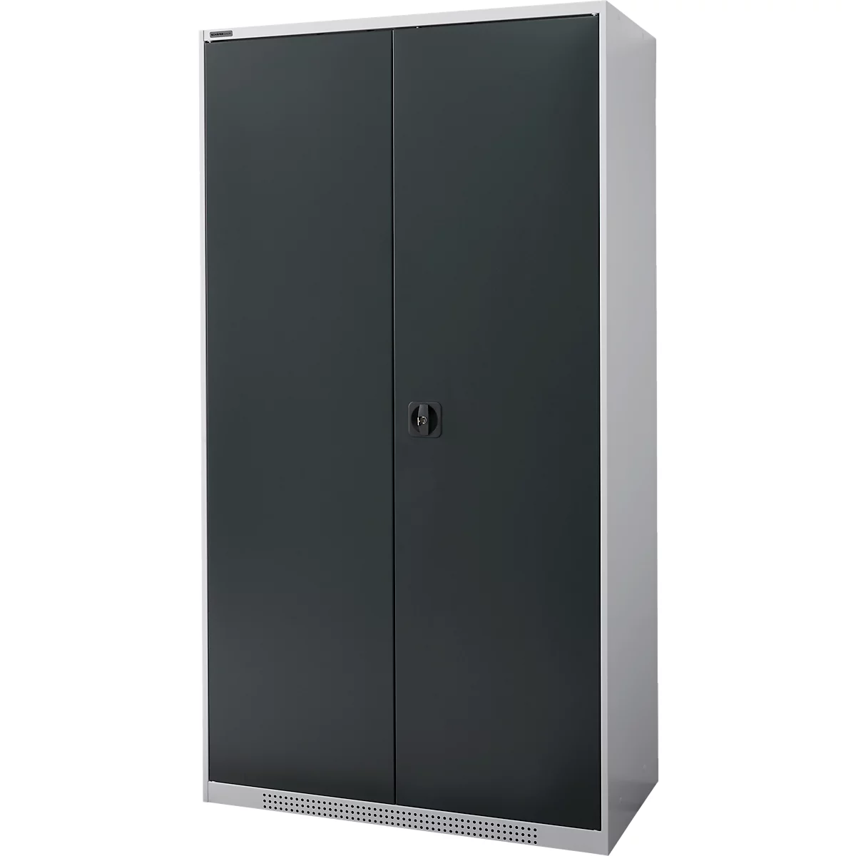 A gray steel cabinet with two doors against a white background.