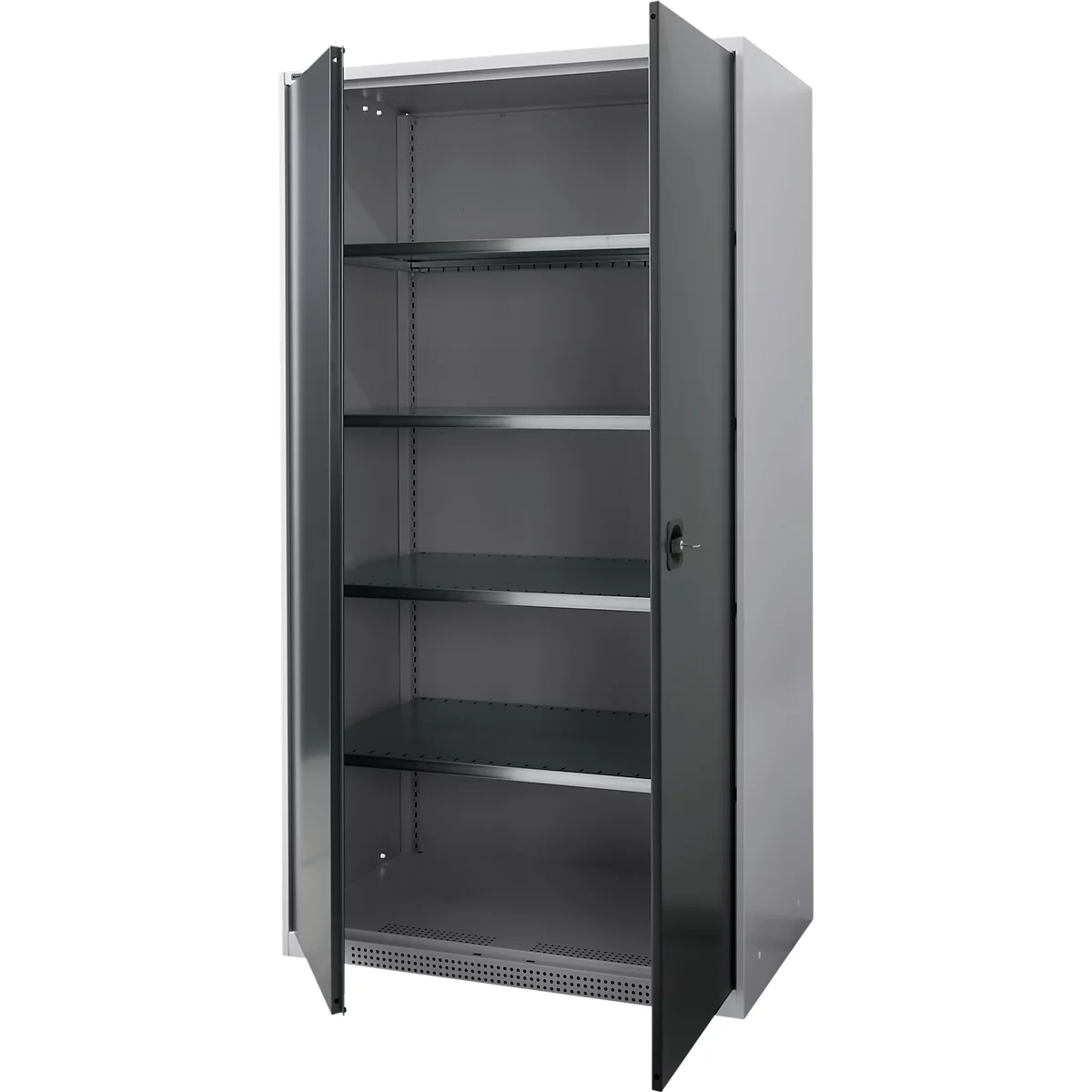 Grey steel cabinet with open doors showing shelves.
