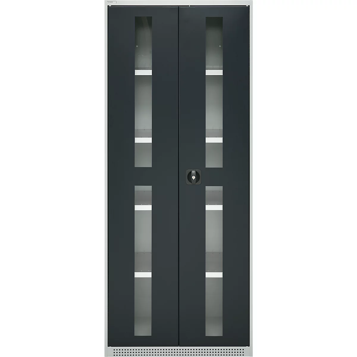 Two-part cabinet door with glass panes and white shelves. A black frame encloses the door with handle.