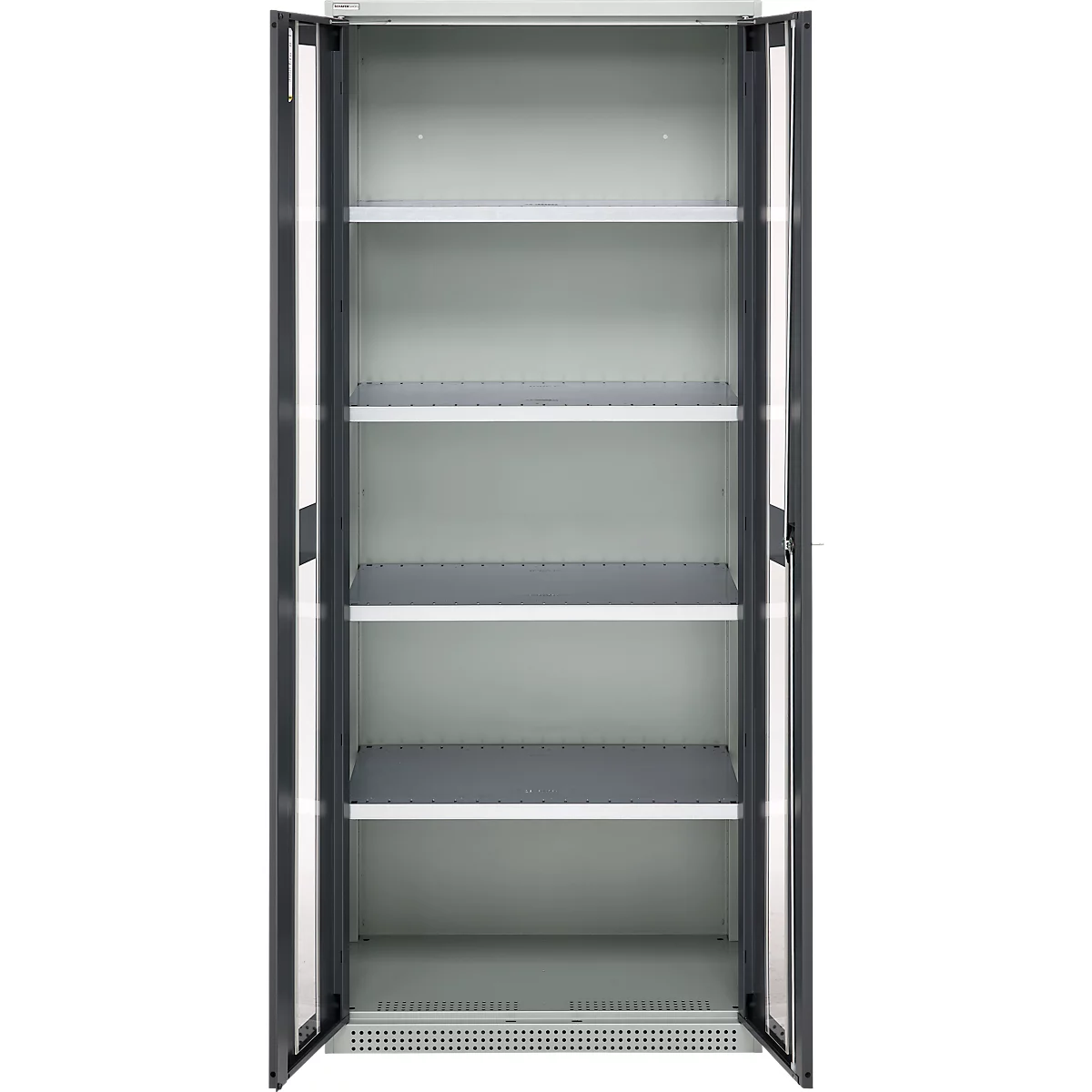 Grey, open file cabinet with five shelves. The doors are open, showing the inside.