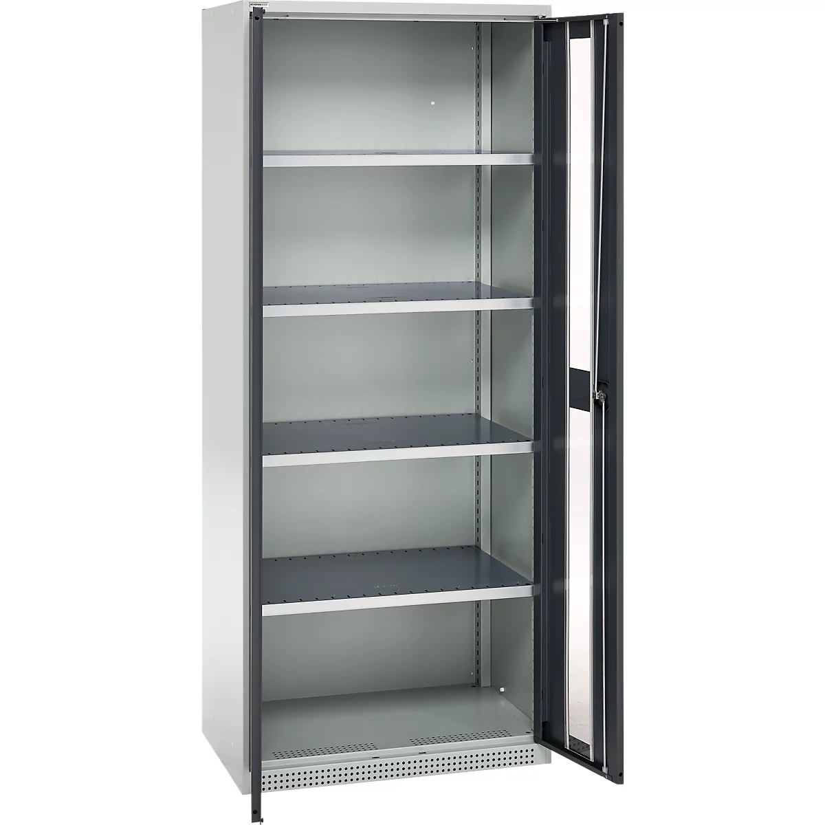 Opened steel cabinet with shelves. The grey door is open.