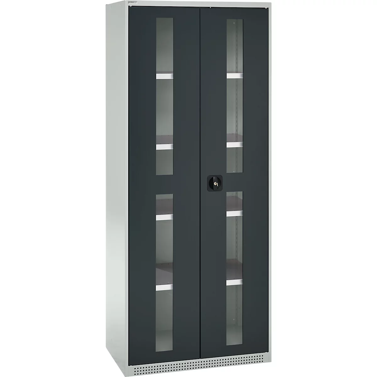 Dark grey office cabinet with glass doors and white shelves. The cabinet is on a light grey base.