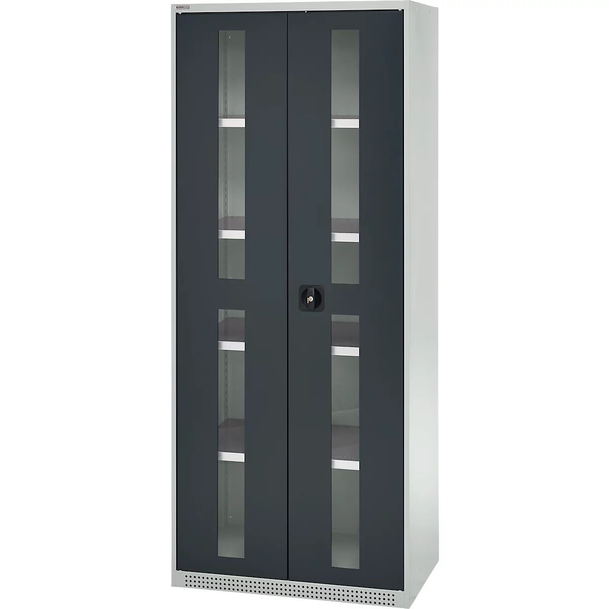 Cabinet with gray doors, glass windows, and shelves.