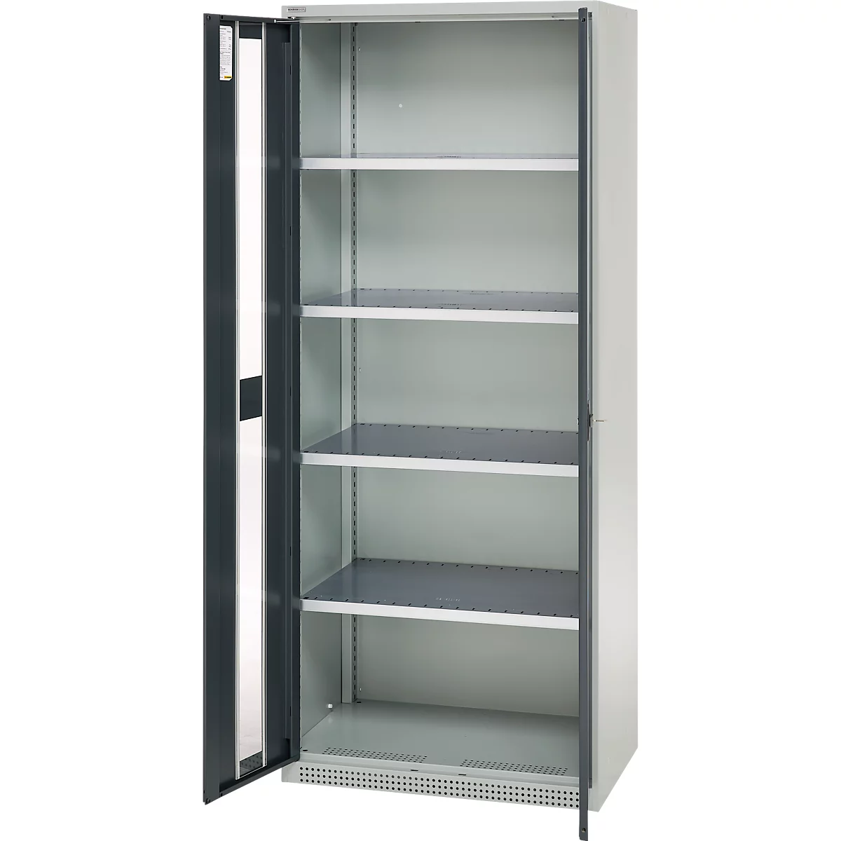 A gray cabinet with open doors, providing a view of five shelves. The cabinet stands against a neutral background.