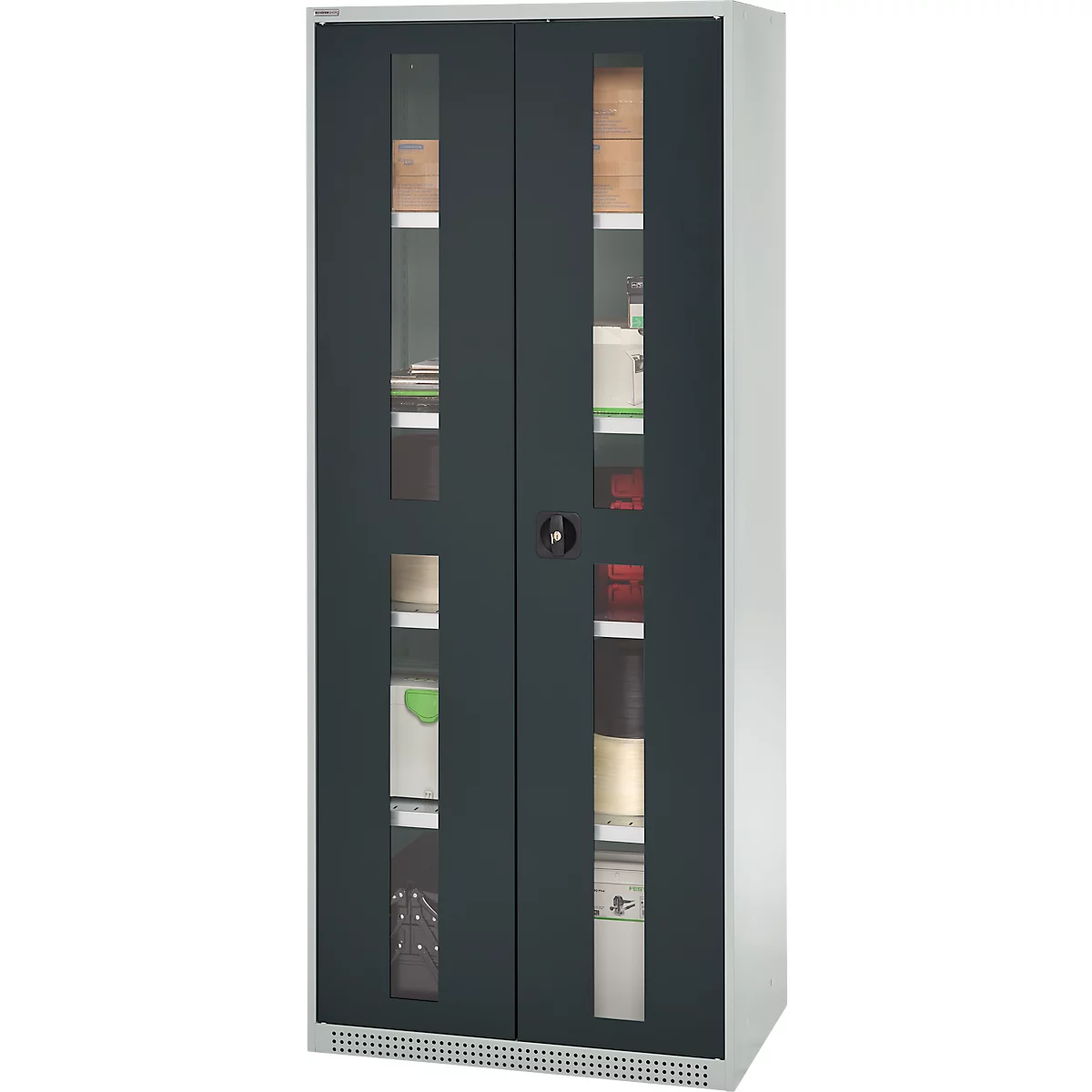 Cabinet with glass windows, filled with various objects.