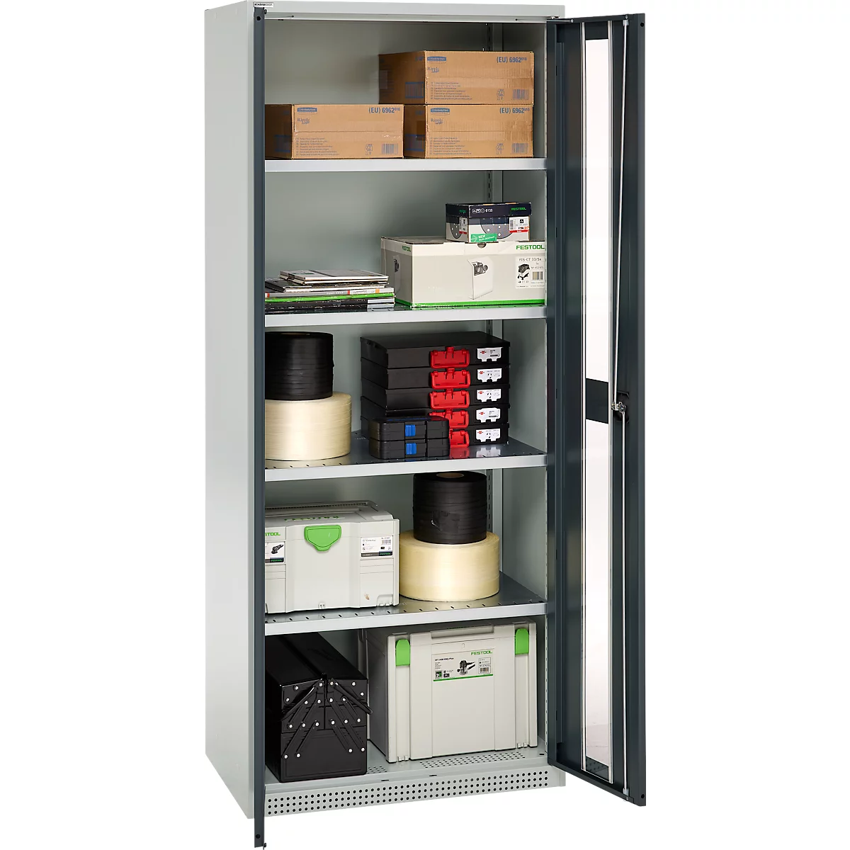 Open steel cabinet filled with materials and tools. Various boxes, rolls, toolboxes.