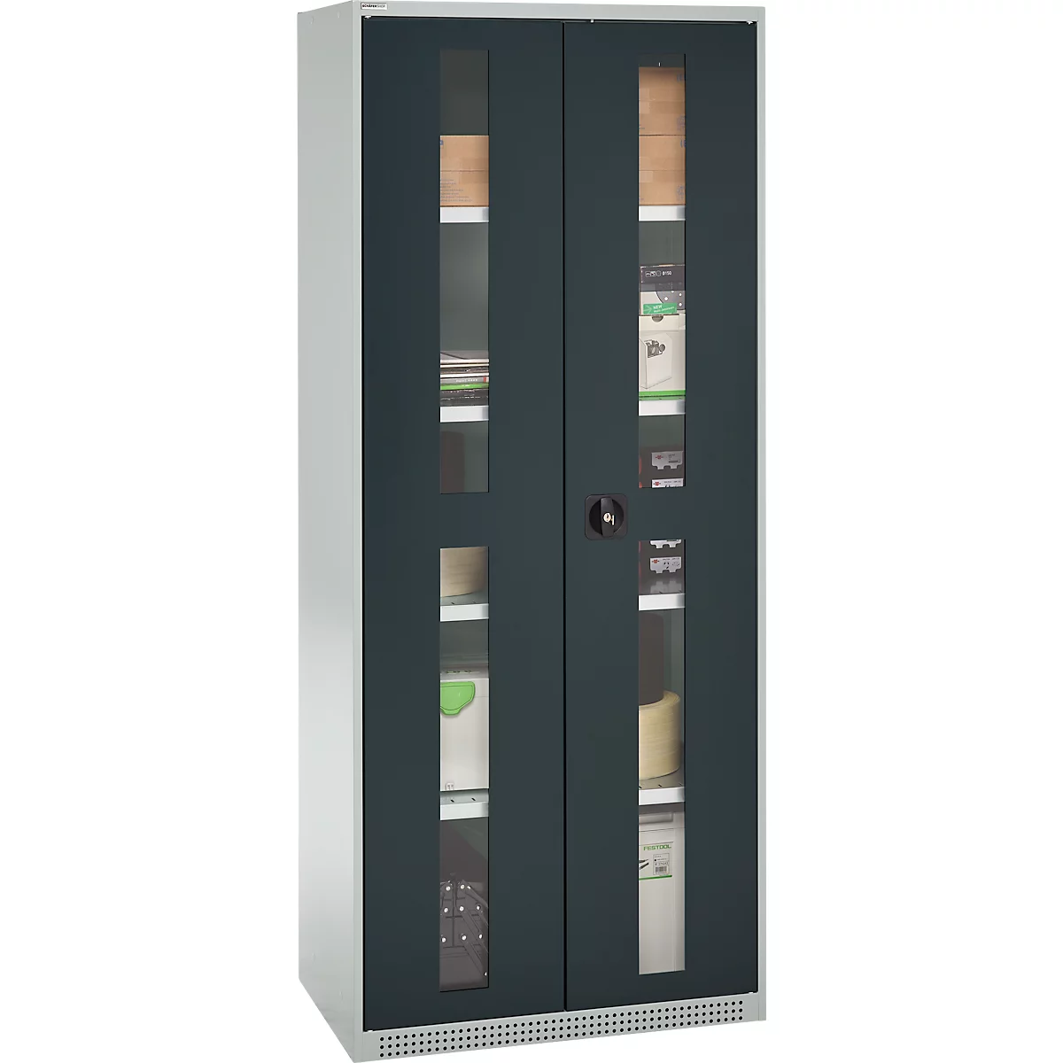 Dark gray filing cabinet with glass doors, filled with office supplies.