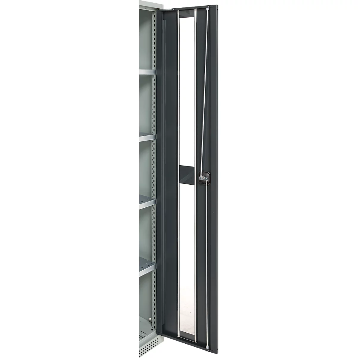 An open metal cabinet. The cabinet is gray and equipped with shelves. The open door shows a white background.