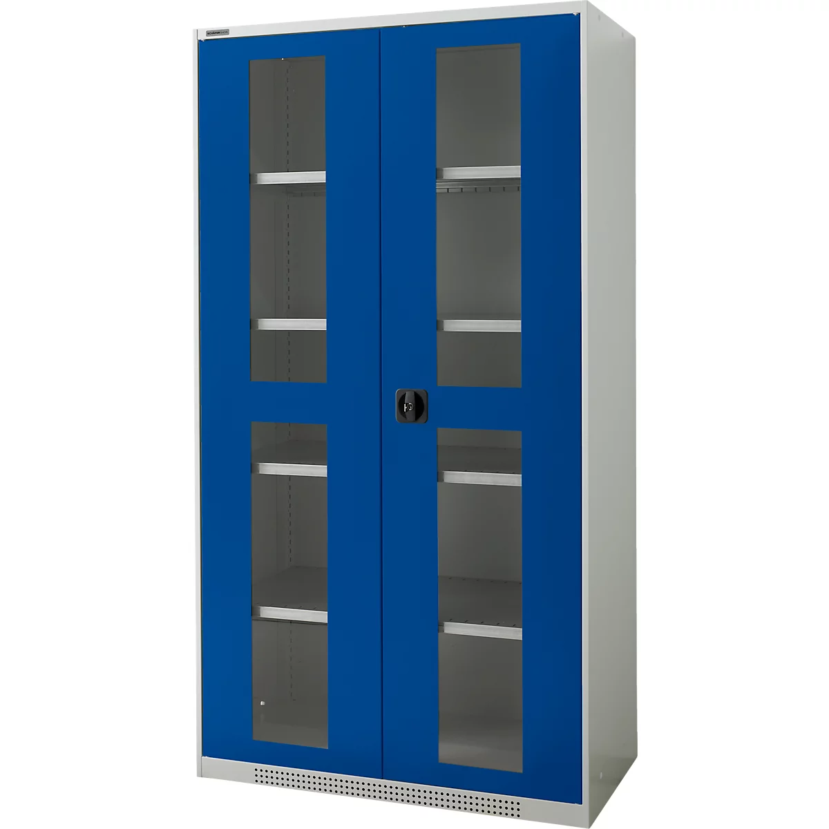 Blue cabinet with glass doors, shelves inside. Black handle in the middle, gray sides.
