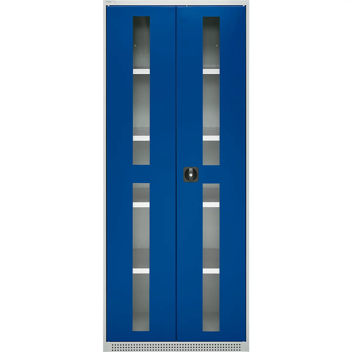 Blue and white double door with glass inserts and handle.