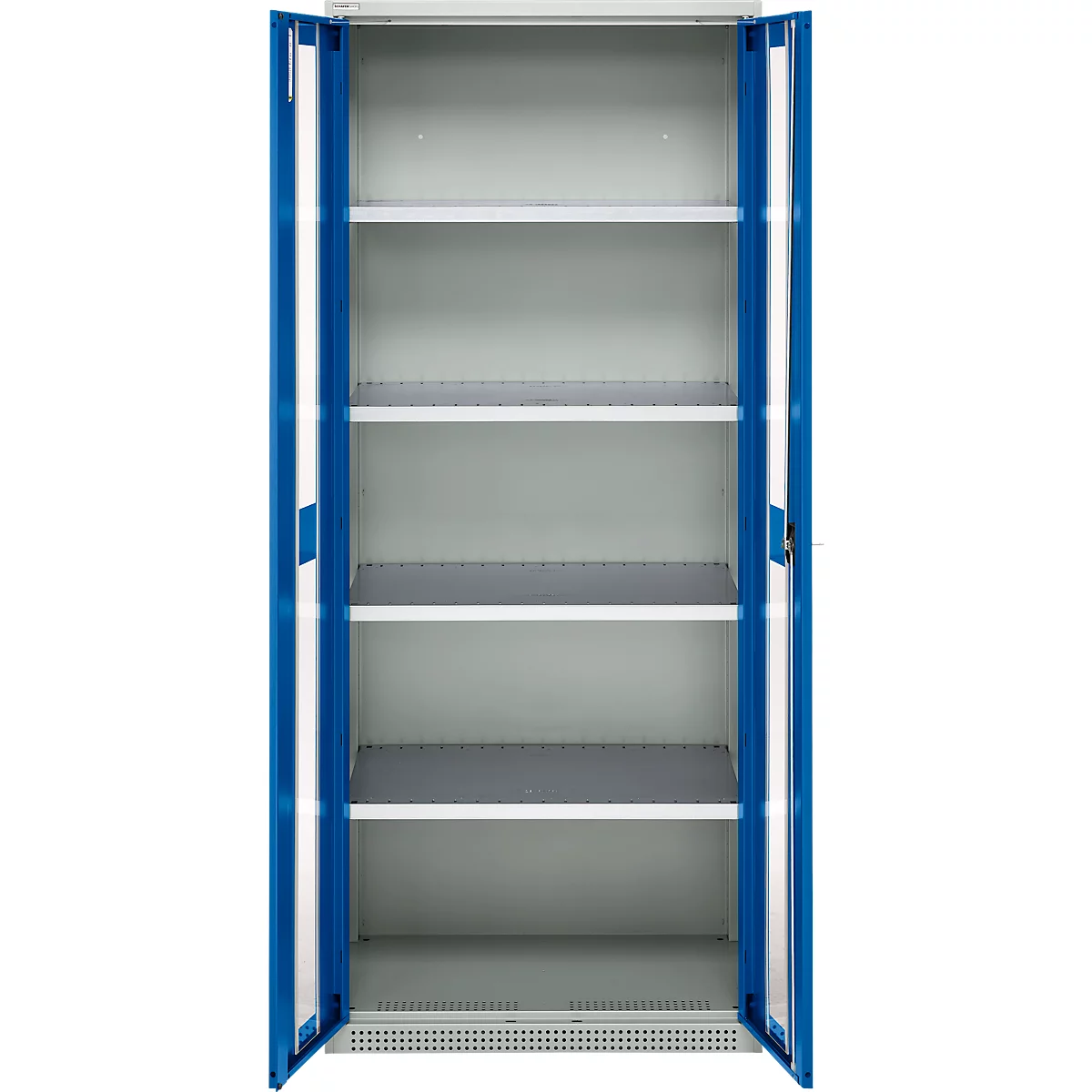 Blue and white steel cabinet with open doors, shelves, and gray trays.