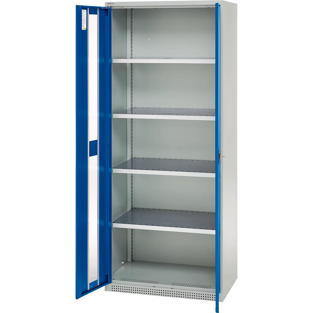 An open, grey steel cabinet with blue door frames. Inside, there are five shelves. One door is open.