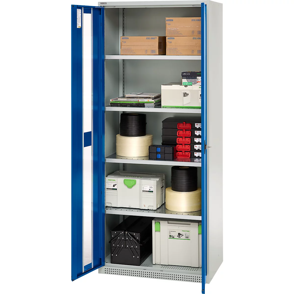 Open, blue steel cabinet filled with various tools and materials. Including boxes, tool cases, rolls and spools.