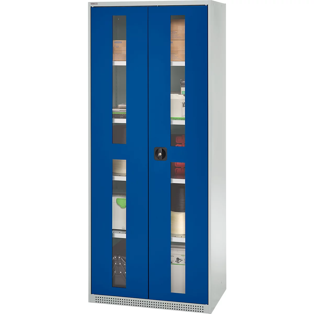 Blue cabinet with glass doors. Inside, shelves with various objects.