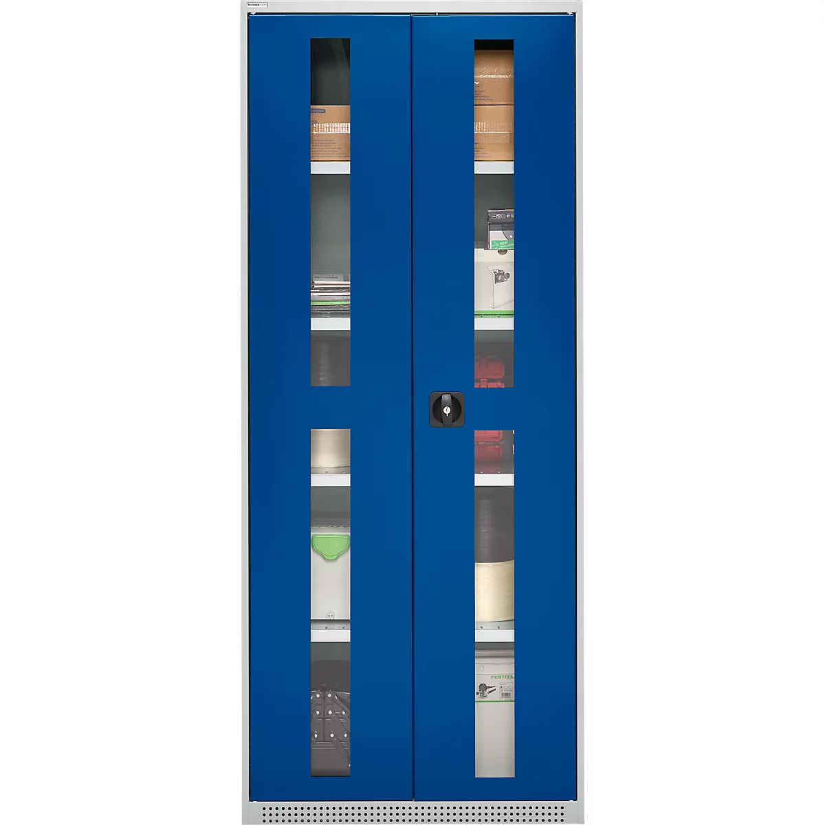 Blue filing cabinet with glass windows, filled with files and office supplies.
