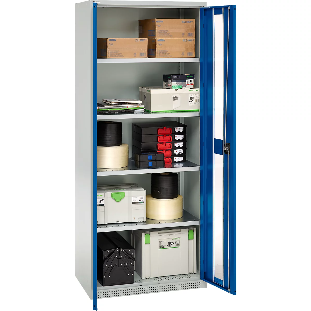 An open, metal cabinet with various objects: boxes, tools, spools, containers. The doors are blue.