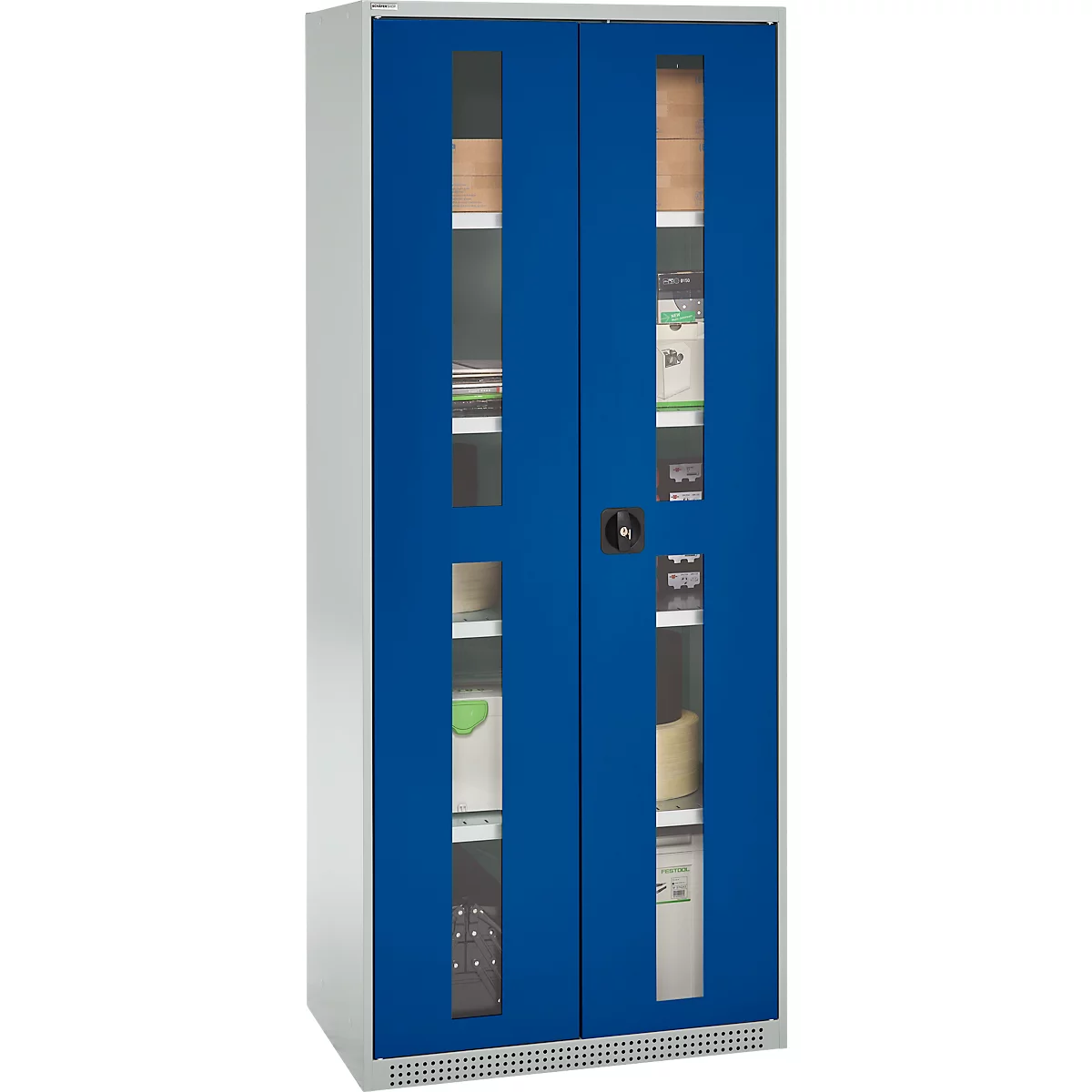Blue filing cabinet with glass windows, filled with files and folders. The cabinet stands against a neutral background.