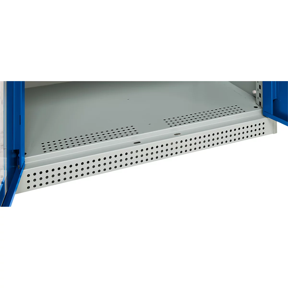Close-up of a metallic cabinet with a perforated shelf and blue door frames. White surface.