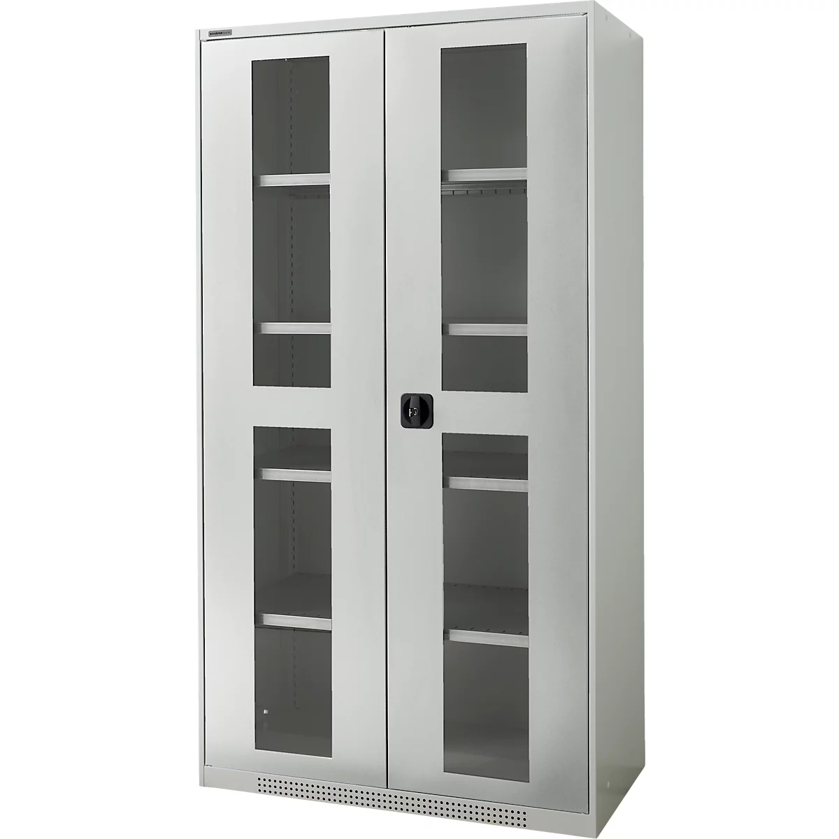 Metal cabinet with glass doors. The cabinet has a black handle and shelves inside.